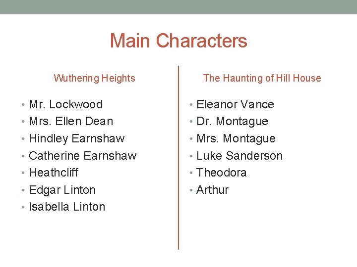 Main Characters Wuthering Heights The Haunting of Hill House • Mr. Lockwood • Eleanor