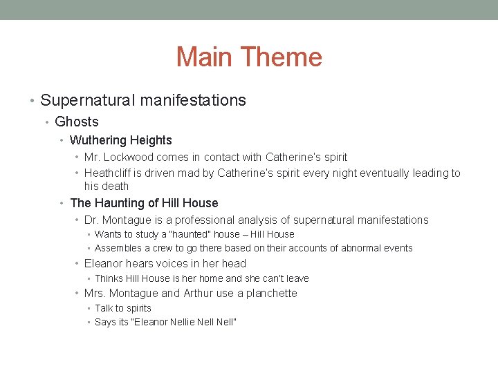 Main Theme • Supernatural manifestations • Ghosts • Wuthering Heights • Mr. Lockwood comes