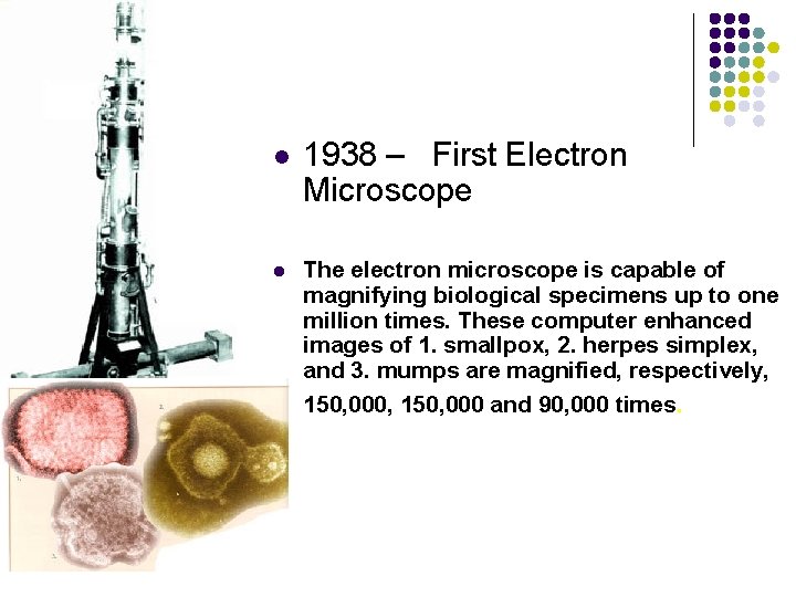 l l 1938 – First Electron Microscope The electron microscope is capable of magnifying