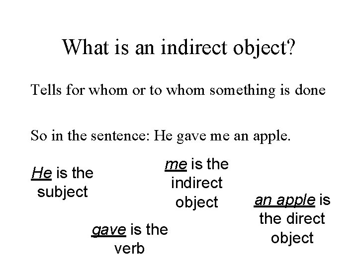 What is an indirect object? Tells for whom or to whom something is done