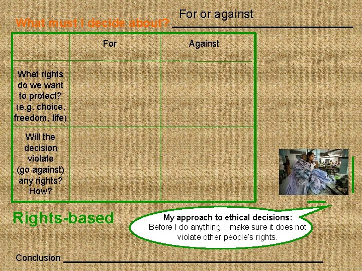 What must I decide about? For or against Against What rights do we want