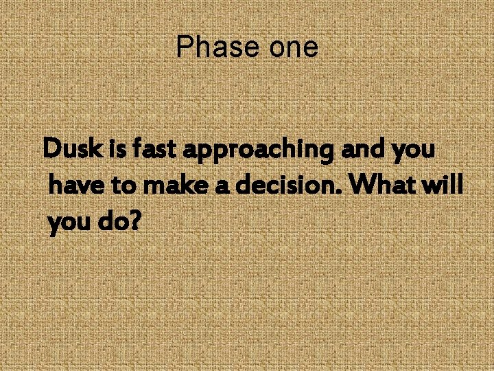 Phase one Dusk is fast approaching and you have to make a decision. What