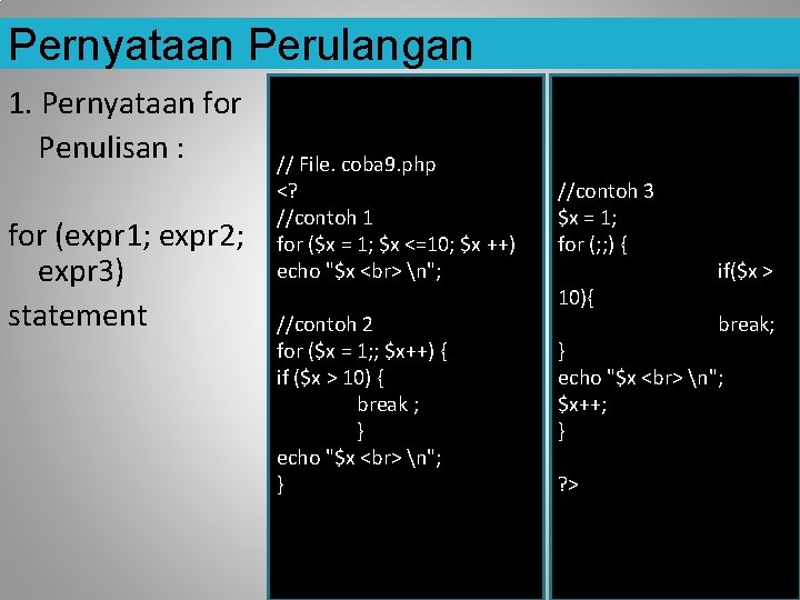 Pernyataan Perulangan 1. Pernyataan for Penulisan : for (expr 1; expr 2; expr 3)