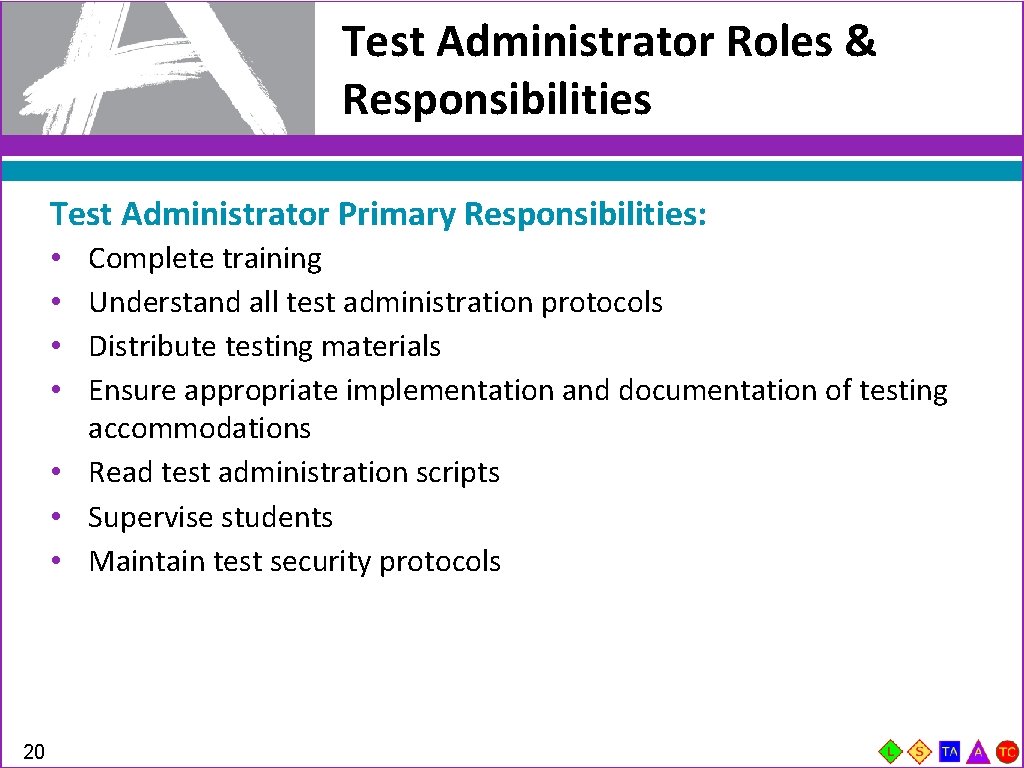 Test Administrator Roles & Responsibilities Test Administrator Primary Responsibilities: Complete training Understand all test