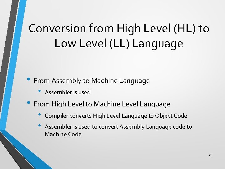 Conversion from High Level (HL) to Low Level (LL) Language • From Assembly to