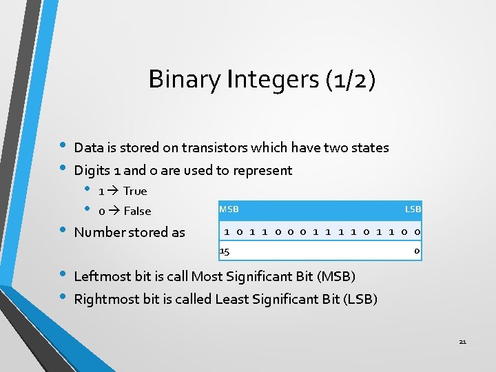 Binary Integers (1/2) • • • Data is stored on transistors which have two