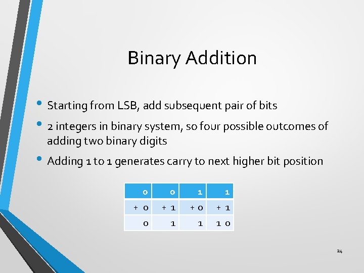 Binary Addition • Starting from LSB, add subsequent pair of bits • 2 integers