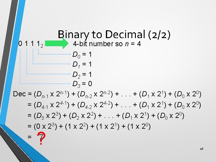 0 1 1 12 Binary to Decimal (2/2) 4 -bit number so n =