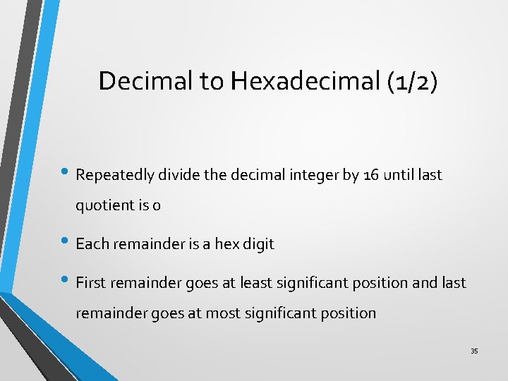 Decimal to Hexadecimal (1/2) • Repeatedly divide the decimal integer by 16 until last