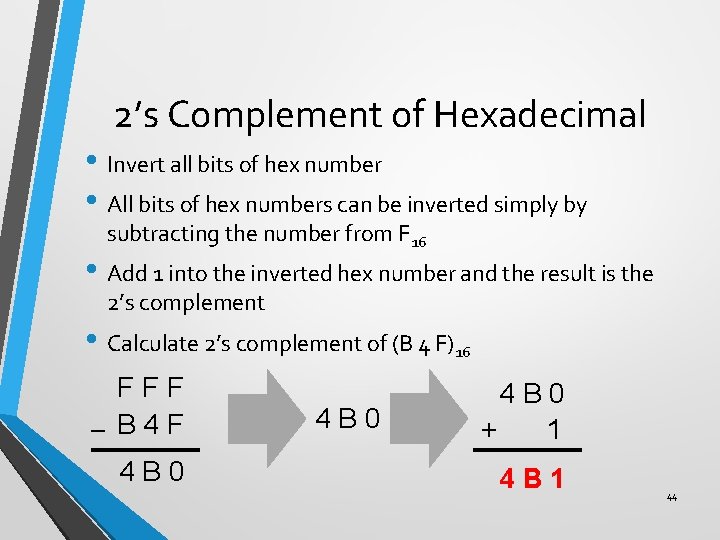 2’s Complement of Hexadecimal • Invert all bits of hex number • All bits