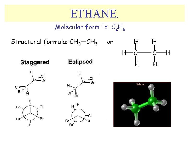 ETHANE. Molecular formula C 2 H 6 Structural formula: CH 3 or H H