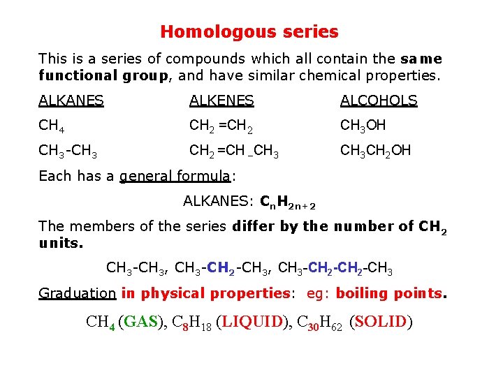 Homologous series This is a series of compounds which all contain the same functional