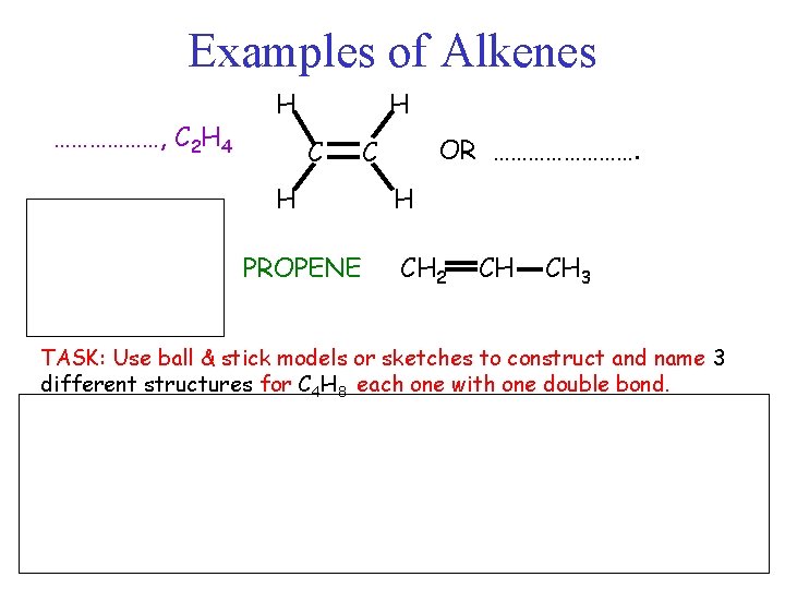 Examples of Alkenes ………………, C 2 H 4 H H C H PROPENE OR