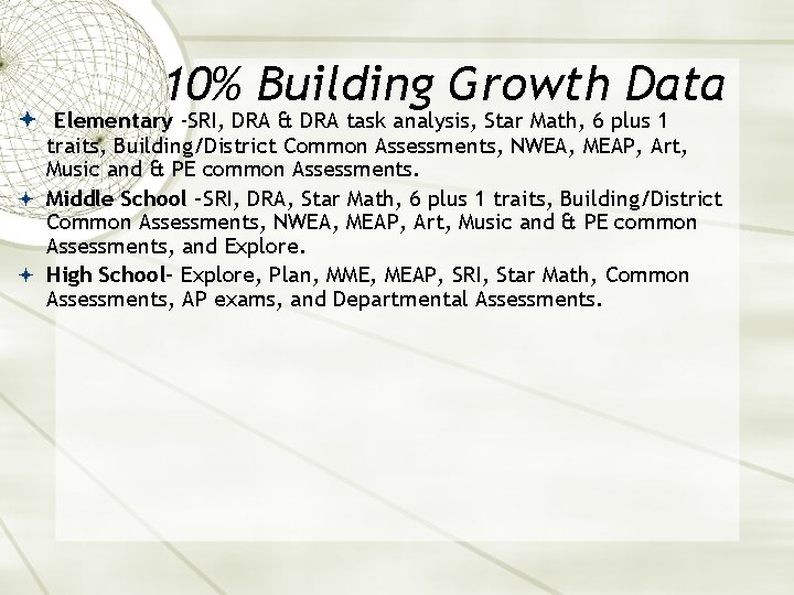 10% Building Growth Data Elementary -SRI, DRA & DRA task analysis, Star Math, 6