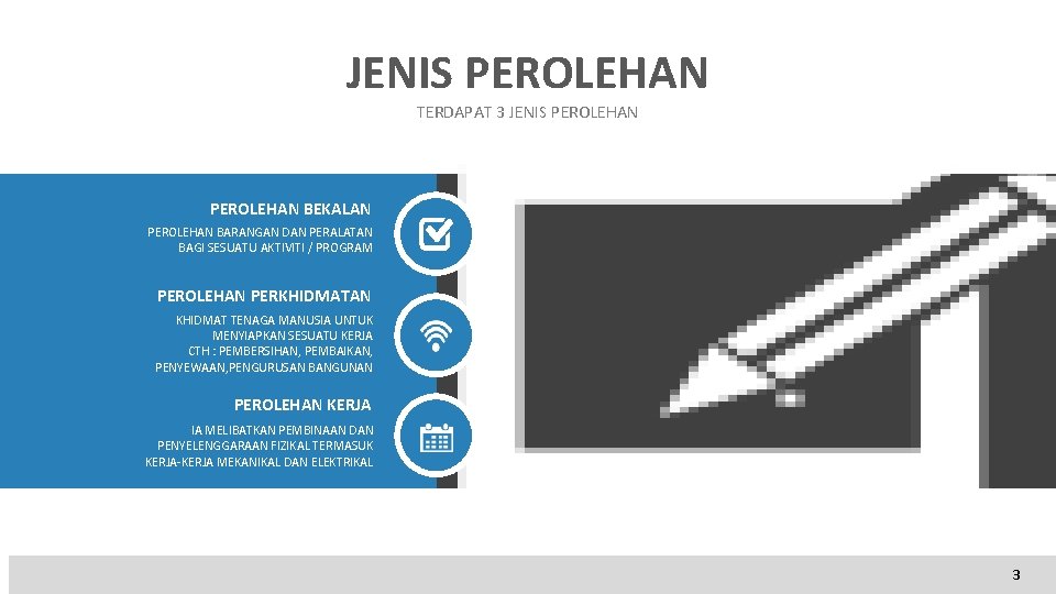 JENIS PEROLEHAN TERDAPAT 3 JENIS PEROLEHAN BEKALAN PEROLEHAN BARANGAN DAN PERALATAN BAGI SESUATU AKTIVITI