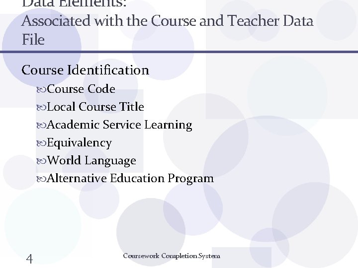 Data Elements: Associated with the Course and Teacher Data File Course Identification Course Code