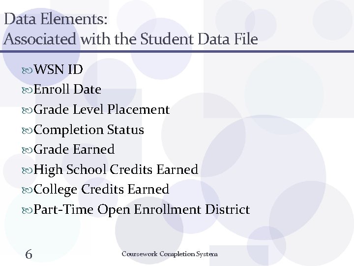 Data Elements: Associated with the Student Data File WSN ID Enroll Date Grade Level