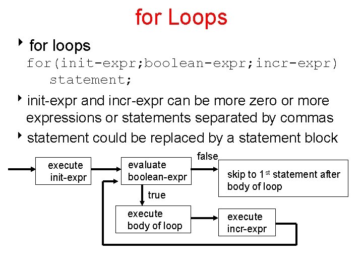 for Loops 8 for loops for(init-expr; boolean-expr; incr-expr) statement; 8 init-expr and incr-expr can