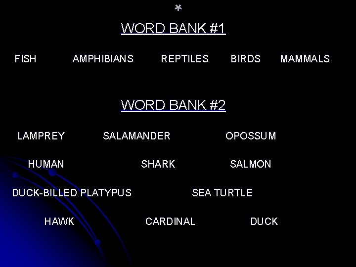 WORD BANK #1 FISH AMPHIBIANS REPTILES BIRDS WORD BANK #2 LAMPREY SALAMANDER HUMAN DUCK-BILLED