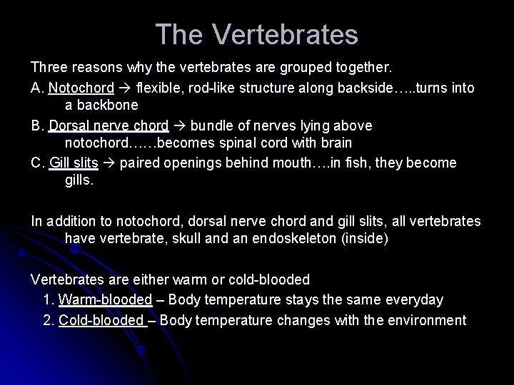 The Vertebrates Three reasons why the vertebrates are grouped together. A. Notochord flexible, rod-like