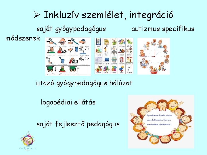 Ø Inkluzív szemlélet, integráció saját gyógypedagógus módszerek autizmus specifikus utazó gyógypedagógus hálózat logopédiai ellátás