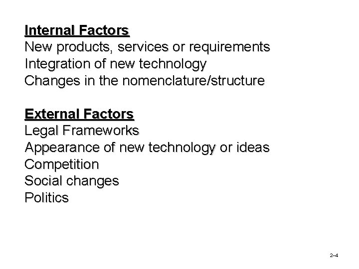 Internal Factors New products, services or requirements Integration of new technology Changes in the