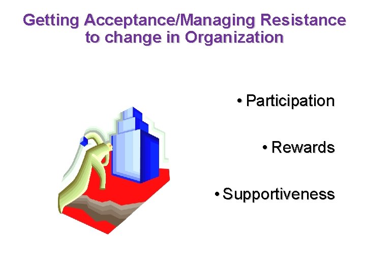 Getting Acceptance/Managing Resistance to change in Organization • Participation • Rewards • Supportiveness 