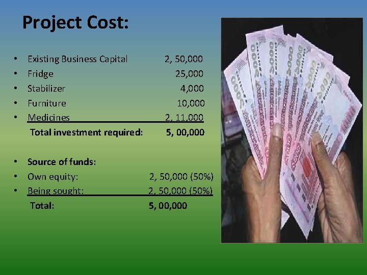 Project Cost: • • • Existing Business Capital Fridge Stabilizer Furniture Medicines Total investment