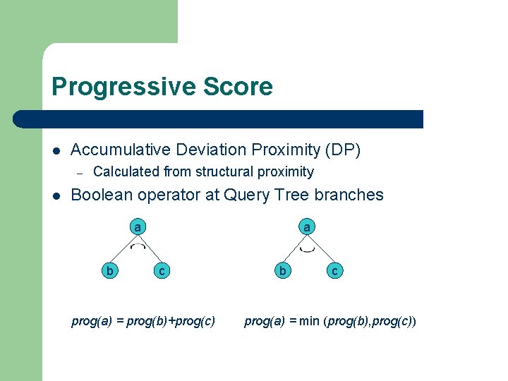 Progressive Score l Accumulative Deviation Proximity (DP) – l Calculated from structural proximity Boolean