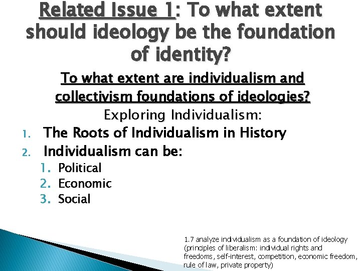 Related Issue 1: To what extent should ideology be the foundation of identity? 1.