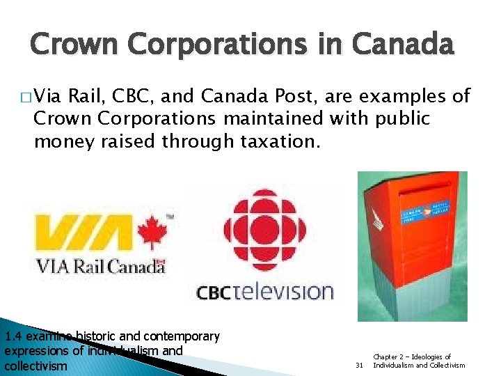 Crown Corporations in Canada � Via Rail, CBC, and Canada Post, are examples of