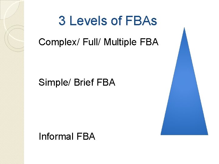 3 Levels of FBAs Complex/ Full/ Multiple FBA Simple/ Brief FBA Informal FBA 