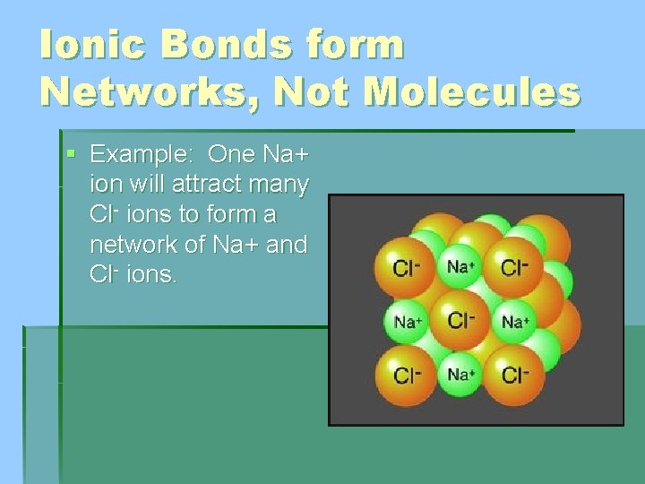 Ionic Bonds form Networks, Not Molecules § Example: One Na+ ion will attract many