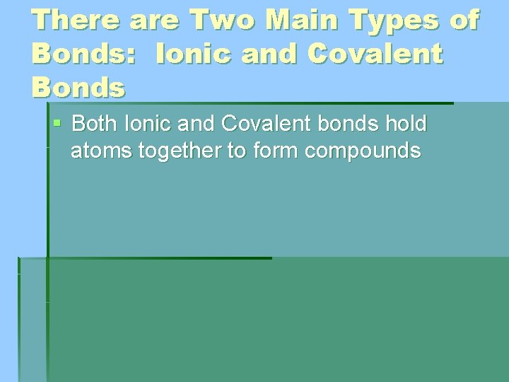 There are Two Main Types of Bonds: Ionic and Covalent Bonds § Both Ionic