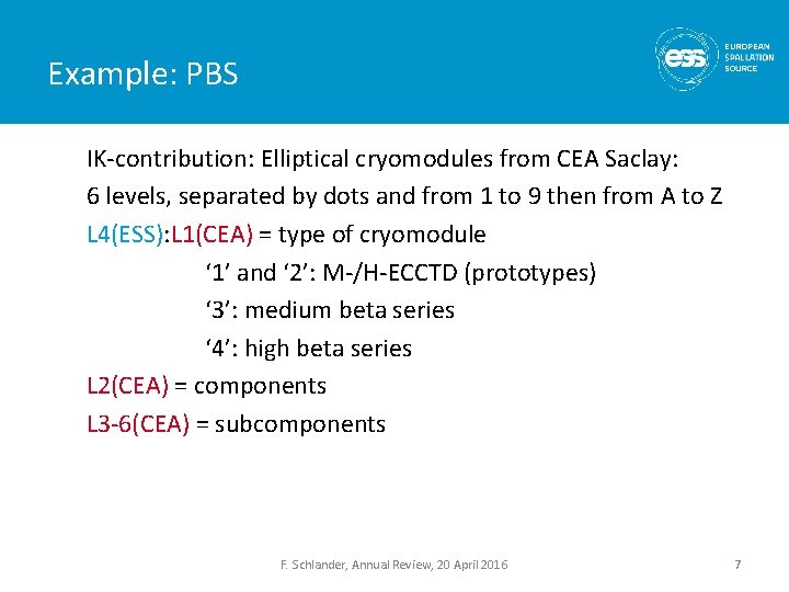 Example: PBS IK-contribution: Elliptical cryomodules from CEA Saclay: 6 levels, separated by dots and