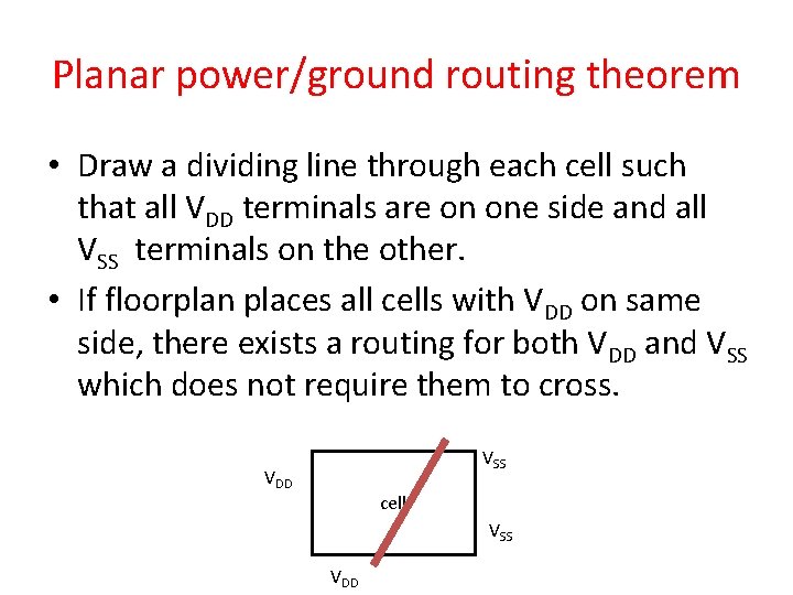 Planar power/ground routing theorem • Draw a dividing line through each cell such that