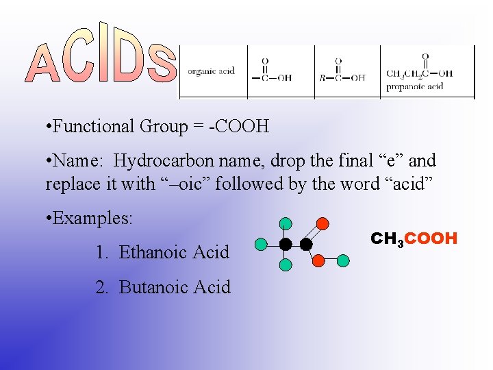  • Functional Group = -COOH • Name: Hydrocarbon name, drop the final “e”