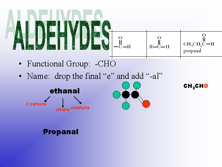  • Functional Group: -CHO • Name: drop the final “e” and add “-al”