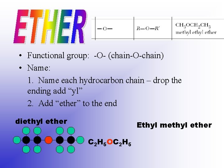  • Functional group: -O- (chain-O-chain) • Name: 1. Name each hydrocarbon chain –