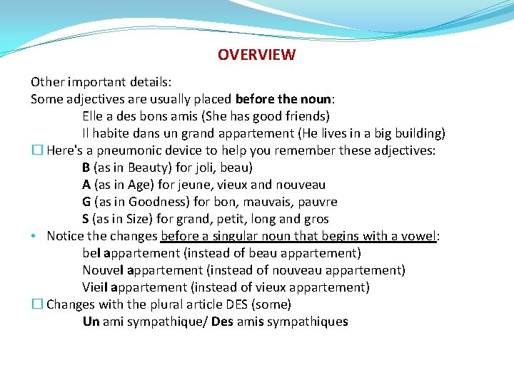 OVERVIEW Other important details: Some adjectives are usually placed before the noun: Elle a