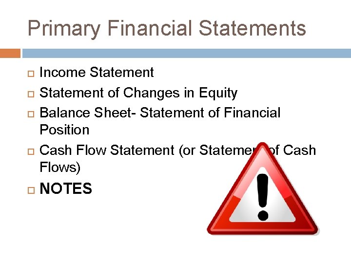 Primary Financial Statements Income Statement of Changes in Equity Balance Sheet- Statement of Financial