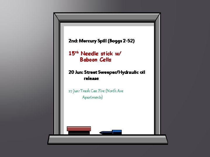 2 nd: Mercury Spill (Boggs 2 -52) 15 th Needle stick w/ Baboon Cells