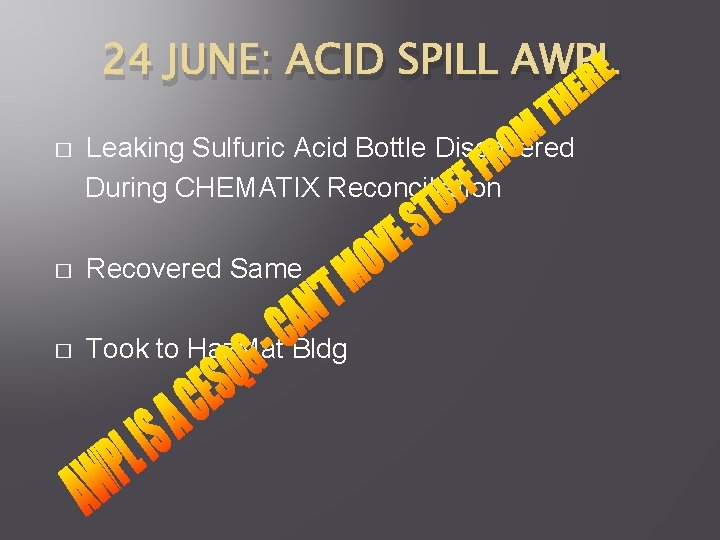 24 JUNE: ACID SPILL AWPL � Leaking Sulfuric Acid Bottle Discovered During CHEMATIX Reconciliation