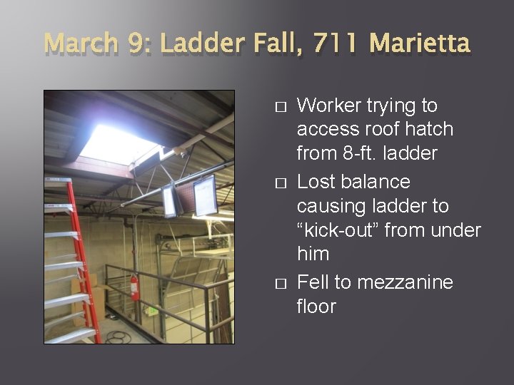 March 9: Ladder Fall, 711 Marietta � � � Worker trying to access roof