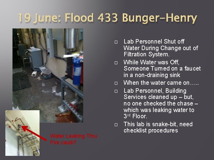 19 June: Flood 433 Bunger-Henry � � � Water Leaking Thru Fire caulk? Lab