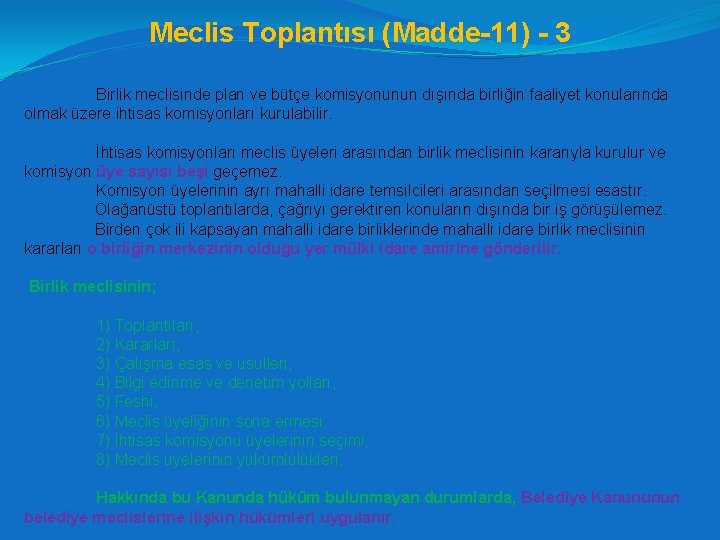 Meclis Toplantısı (Madde-11) - 3 Birlik meclisinde plan ve bütçe komisyonunun dışında birliğin faaliyet