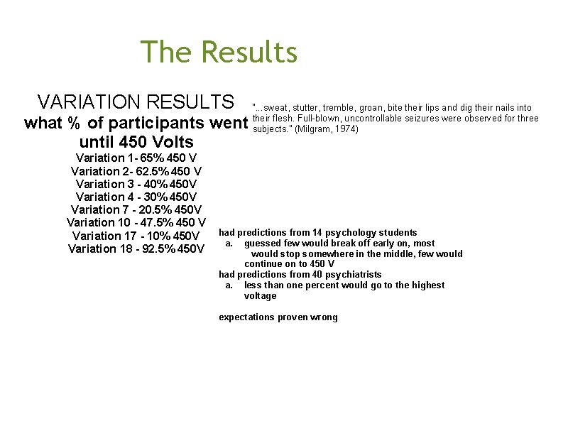 The Results VARIATION RESULTS what % of participants went until 450 Volts Variation 1