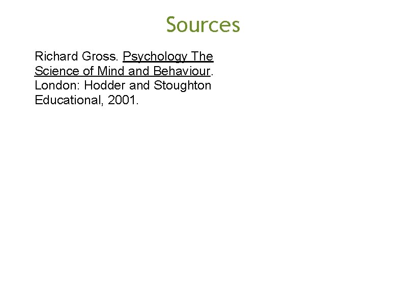 Sources Richard Gross. Psychology The Science of Mind and Behaviour. London: Hodder and Stoughton