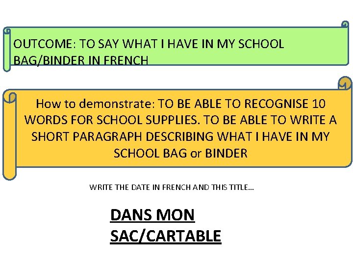 OUTCOME: TO SAY WHAT I HAVE IN MY SCHOOL BAG/BINDER IN FRENCH How to