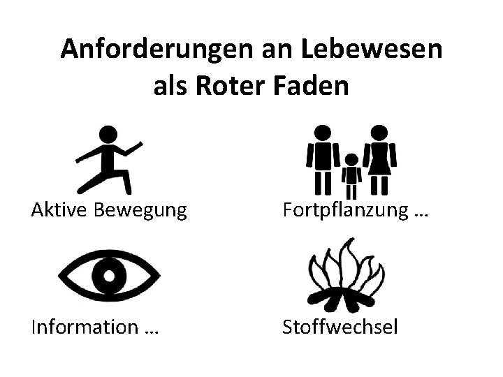 Anforderungen an Lebewesen als Roter Faden Aktive Bewegung Fortpflanzung … Information … Stoffwechsel 